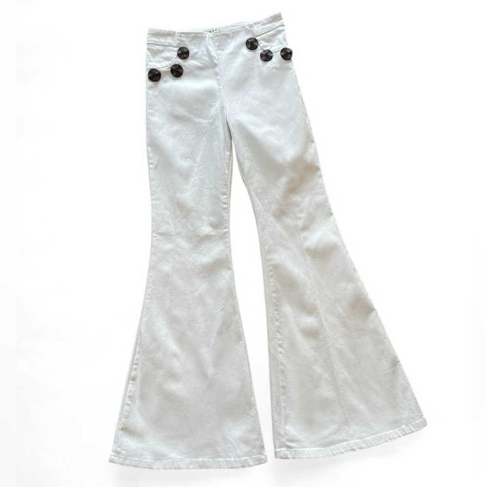 TCEC White Sailor Style Flared Pants with Large Buttons Detail Sz S Side Zipper